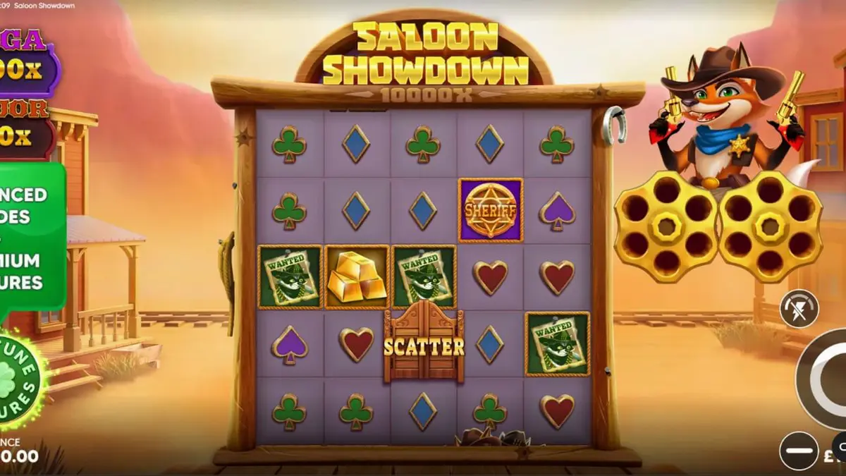 Tampilan visual slot Saloon Showdown 10,000x dengan karakter sheriff rubah
