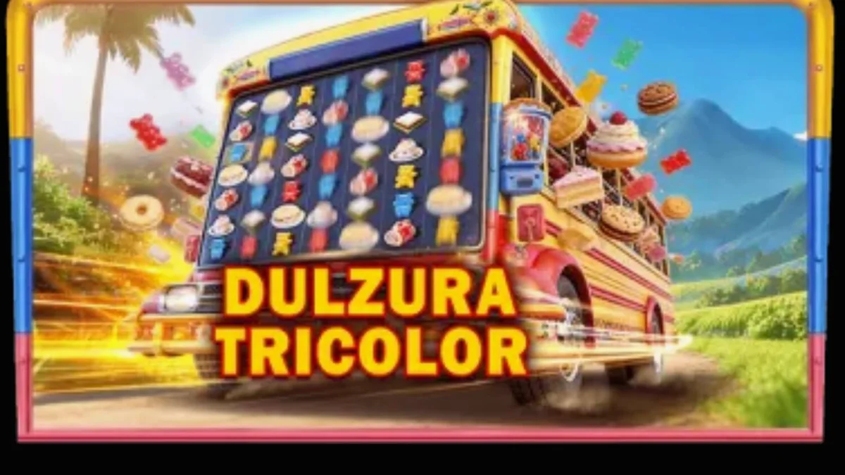 Tampilan visual slot Dulzura Tricolor dengan tema permen dan pemandangan Kolombia